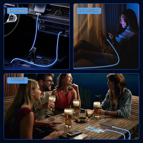 Vista 2 de Cable de carga para iPhone 3 en 1 con luz LED, relámpago/tipo C/micro USB para automóvil RGB brillante para Apple iPhone 15/14/13/12/11 Pro