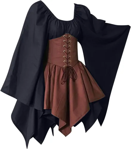 Vista 4 de SHOPESSA Disfraz de feria renacentista para mujer, vestido colonial, vestido casual de manga acampanada, vestido de bruja gótica, ropa de Halloween