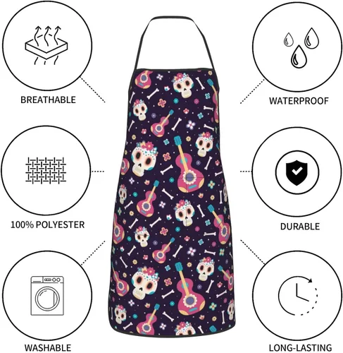 Vista 6 de Delantal de calavera de azúcar, delantales de cocina para hombres y mujeres, delantal de cocina, delantal de chef, delantales de jardín ajustables