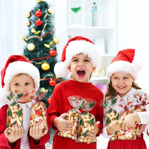Vista 6 de Outus 100 piezas de bolsas de celofán de Navidad, bolsas de Navidad de plástico con lazos giratorios para dulces, galletas, golosinas, envoltorios