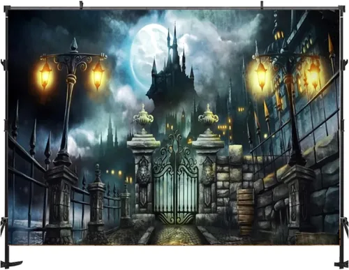 Vista 3 de Telón de fondo de Halloween, puerta del castillo, farol de luna, fondo de fotografía, póster de estudio de fotografía, póster de vinilo para fondo