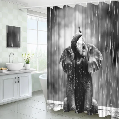 Vista 4 de Cortina de ducha con diseño de elefante, diseño de animales salvajes, diseño de gotas de lluvia, tela gris, con ganchos, 35 pulgadas de ancho x 70