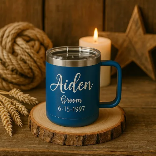 Vista 5 de Taza personalizada con recubrimiento en polvo de 15 oz con tapa personalizada grabada (negro)