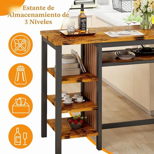 Vista 6 de DKLGG Juego de mesa de comedor para 2, juego de comedor rústico a altura de bar con almacenamiento y taburetes de mostrador, mesa de isla para Marrón