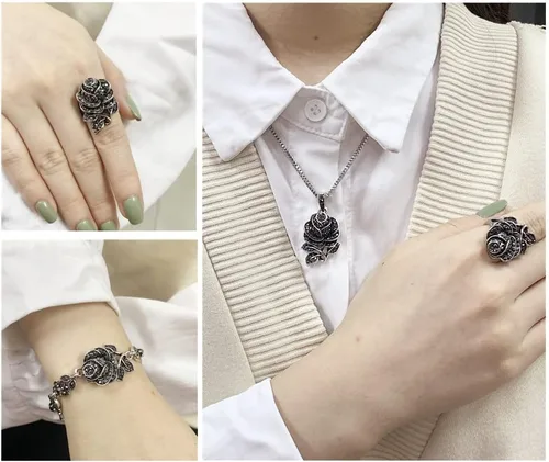 Vista 3 de Dtja Juego de 5 piezas de joyería vintage con dije de flor de rosa de circonita cúbica para mujeres y niñas, cristal negro plateado, bohemio, boda