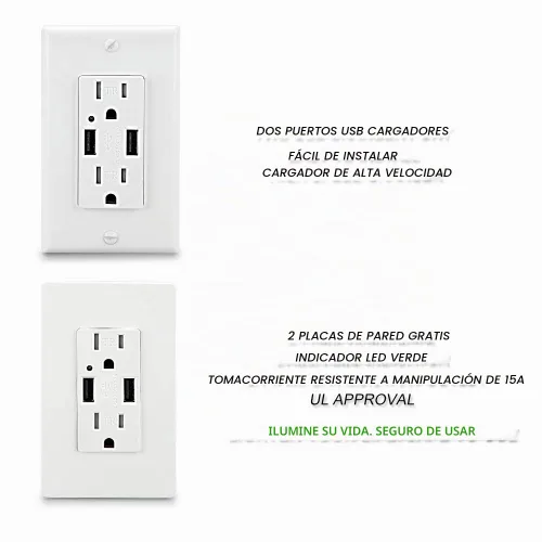 Vista 4 de LEOD 4.2A 5V Smart High Speed 2 USB Cargador de pared con 2 tipos de placas de pared libres (estándar y sin tornillos incluidos), receptáculo USB