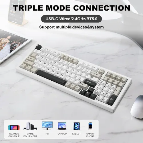 Vista 2 de Teclado mecánico inalámbrico para juegos BT5.0/2.4GHz/USB, LED multicolor con 18+ modos, teclado personalizado intercambiable en caliente