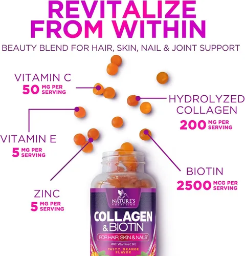 Vista 3 de Gomitas de colágeno – 2500 mcg de biotina por porción – Suplemento completo de colágeno con péptidos hidrolizados tipo I y III, biotina, zinc