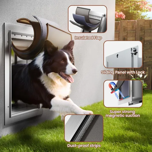 Vista 6 de Puerta de perro grande aislada con 3 solapas para pared, mascotas de hasta 110 libras Rust Proof Aluminum Doggy Door, Heavy Duty Pet Door with