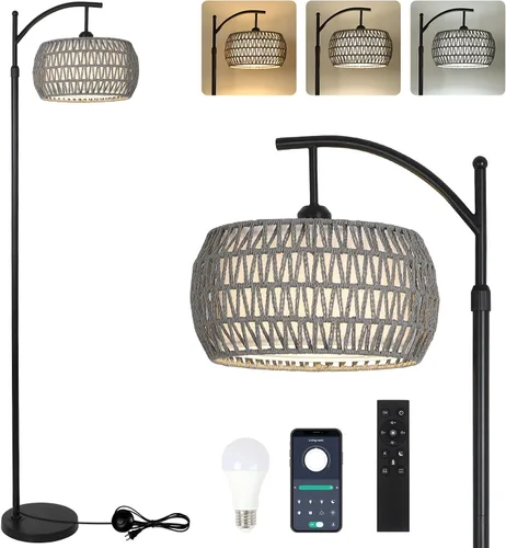 Vista 11 de Lámpara de pie de arco con control remoto, lámpara de pie LED regulable con 3 temperaturas de color, lámpara de pie negra con pantalla de doble