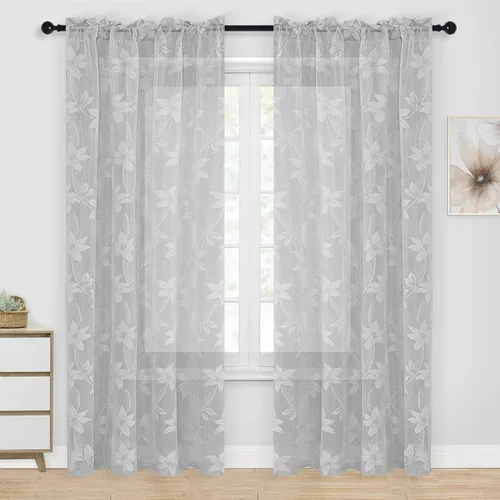 Vista 38 de DWCN Paquete de 2 cortinas traslúcidas pequeñas de encaje floral beige para cocina, cortinas traslúcidas ligeras con bolsillo para barra, cortinas