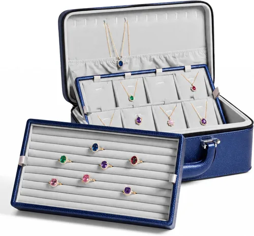 Vista 14 de Oirlv Joyero de cuero negro hecho a mano, organizador de joyas de viaje, estuche de almacenamiento para niñas, aretes, anillos, collares, colgantes