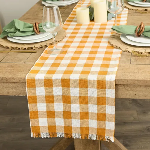 Vista 3 de DII - Colección de mesa con flecos pesados y cuadros, camino de mesa, 14x72 pulgadas, calabaza y especias Naranja