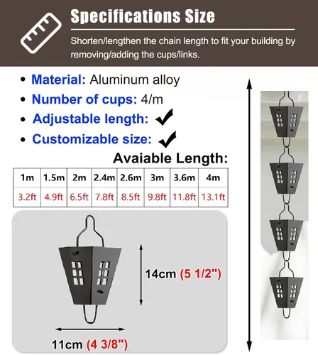 Vista 2 de Rain Chain Aluminium Alloy Square Rain Catcher Chain, Adjustable Gutter Rain Chain, Hanging Divert Water Downspout Chain for