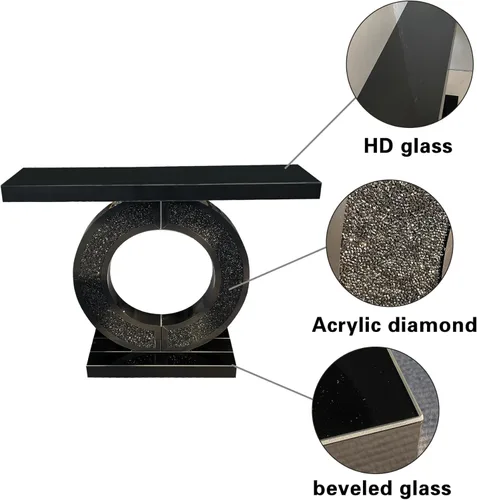 Vista 5 de SSLine Mesa de consola negra con espejo para sala de estar, mesa de entrada moderna de espejo de 43 pulgadas con base de cristal en forma de O