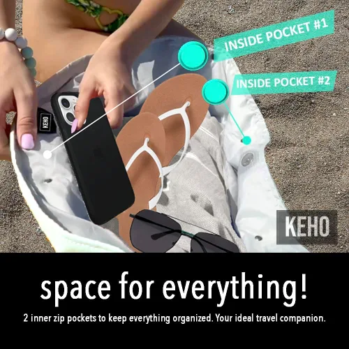 Vista 8 de Keho Bolsa de playa impermeable con bolsillos para mujer (resistente a la arena)
