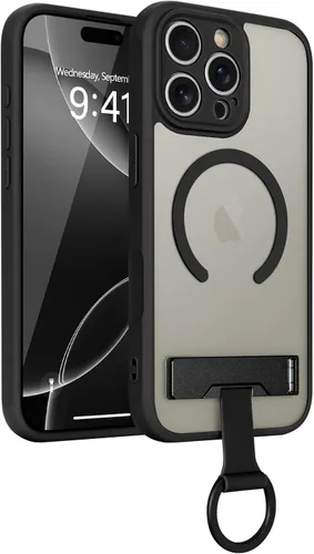 Vista 8 de Funda para iPhone 16 Pro Max, compatible con Magsafe, color negro Funda magnética mate translúcida, agarre de anillo de dedo, soporte ajustable