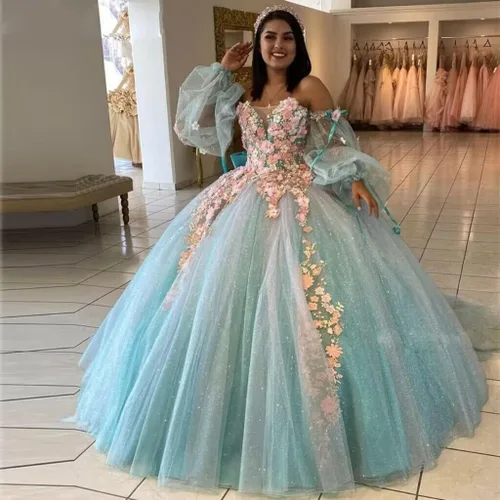 Vista 4 de Youjiayi Vestidos de quinceañera de manga hinchada, vestido de baile 3D floral dulce 15 16 vestidos de hombro descubierto vestidos de baile con cola