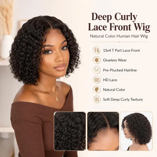 Vista 2 de Peluca de cabello humano rizado profundo de 12 pulgadas para mujeres negras, color natural Glueless T Part HD Curls Lace Front Wigs, Pre-Plucked