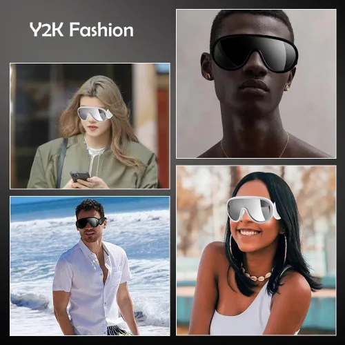 Vista 9 de zxbaers Gafas de sol con máscara ondulada, paquete de 2 lentes de sol futuristas para mujeres y hombres, de gran tamaño, plateadas, espejadas