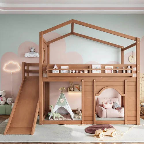 Vista 14 de Harper & Bright Designs Cama tipo loft para niños, tamaño individual, con armario y puerta arqueada, litera de casa con tobogán y estanterías