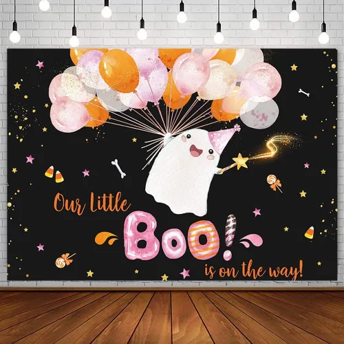 Vista 8 de SENDY Telón de fondo de Halloween para baby shower, de 7 x 5 pies, nuestro pequeño Boo está en el camino, suministros de decoración de fiesta