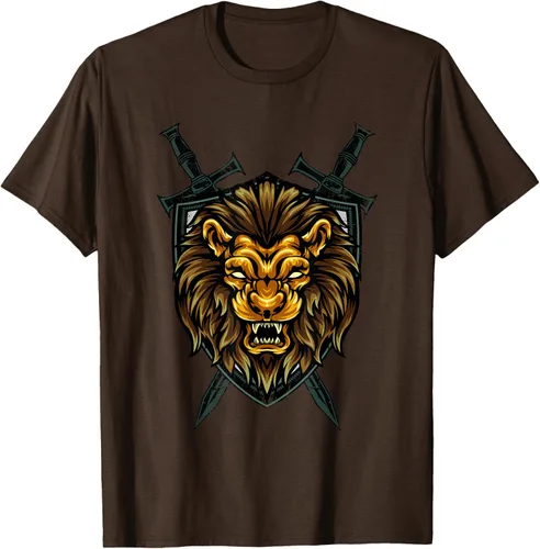 Vista 54 de Camiseta con diseño de caballero medieval renacentista, con diseño de espada de león, Negro, S