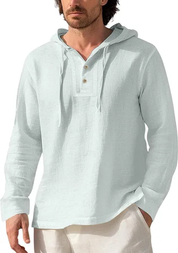 Vista 9 de Sudaderas con capucha de algodón y lino para hombre, manga larga, cuello en V, con botones, con capucha, protección solar, ligera, para la playa