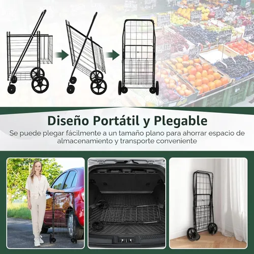Vista 5 de Goplus Carrito de compras plegable jumbo con ruedas giratorias, carrito de compras plegable sobre ruedas con doble cesta, carrito de utilidad