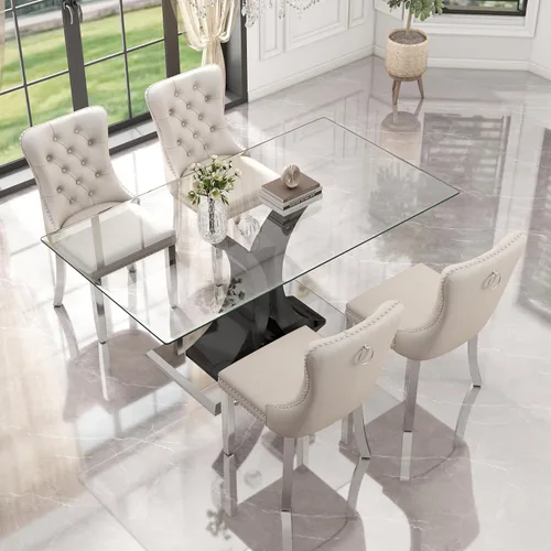 Vista 2 de Juego de comedor moderno de vidrio de lujo de 5 piezas, juego de cena rectangular minimalista grande para 4, juego de mesa de cocina de vidrio