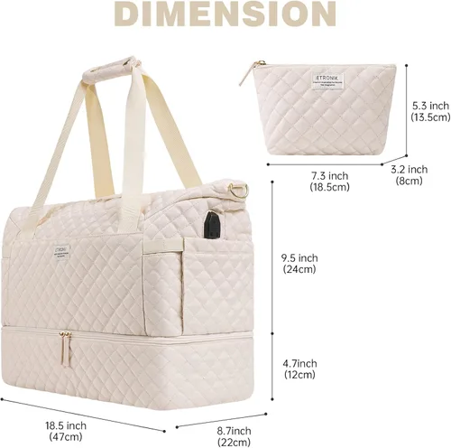 Vista 6 de Bolsa de fin de semana para mujer, bolsa de viaje con puerto de carga USB, bolsa de fin de semana con bolsillo para ropa húmeda y compartimento