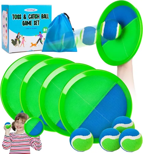 Vista 12 de Juego de pelota para lanzar y atrapar, 4 paletas y 4 bolas al aire libre, juego de captura de remo para niños, patio trasero, playa, piscina, patio