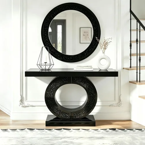 Vista 35 de SSLine Mesa de consola negra con espejo para sala de estar, mesa de entrada moderna de espejo de 43 pulgadas con base de cristal en forma de O