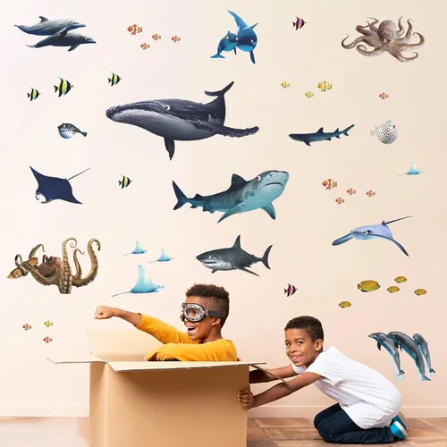 Vista 7 de Calcomanías de pared de peces con temática oceánica, bricolaje, ballena submarina, pulpo, delfín, tiburón, calcomanías de pared para despegar