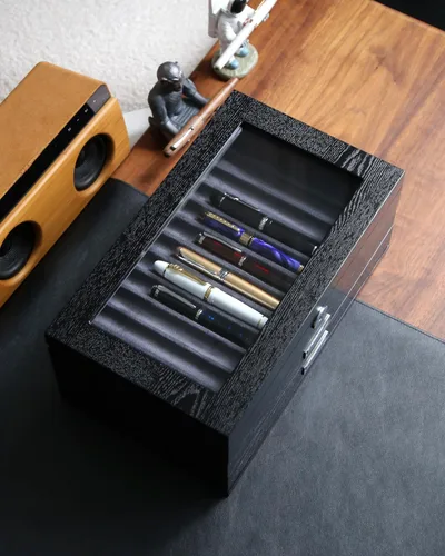 Vista 2 de vitrina de madera de la pluma de 36 ranuras Pluma estilográfica caja organizador de almacenamiento con cajón, ventana superior ventana pluma
