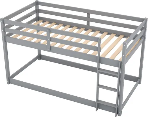 Vista 8 de Harper & Bright Designs Literas bajas de tamaño individual sobre individual para niños, base de cama de madera maciza con escalera, litera para Gris
