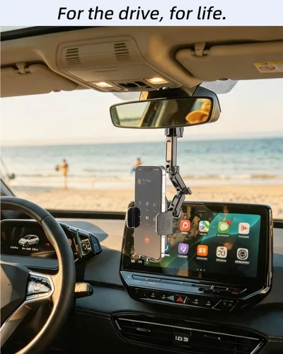 Vista 2 de Quyee Soporte para Teléfono de Coche, Soporte para Teléfono de Espejo Retrovisor - Montaje de Aleación de Aluminio con Ajuste Multi-Ángulo Giratorio