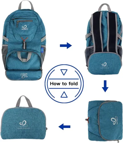 Vista 6 de WATERFLY Mochila pequeña ligera y plegable: mochila de 20 l ultra ligera, plegable, de senderismo, de viaje, de camping, de día, para hombre y mujer