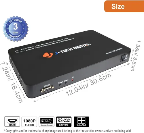 Vista 5 de J-Tech Digital Controlador de pared de video 3x3 1080P, procesador de pared de video con 13 modos de empalme, rotación de 180°, 1x1, 1x2, 1x3, 1x4