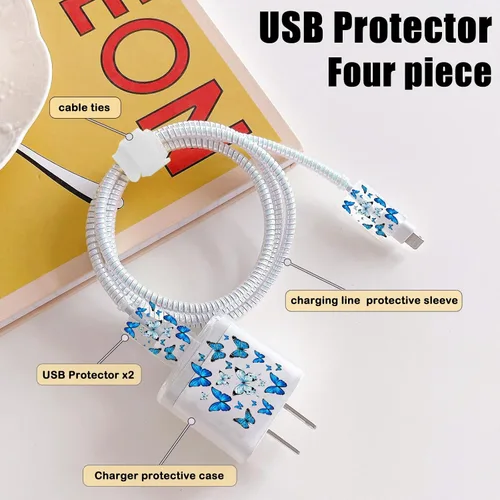 Vista 2 de Lindos protectores de cable para iPhone Funda de carga bonita elegante patrón de mariposas azules diseño único cable de datos cargador de línea