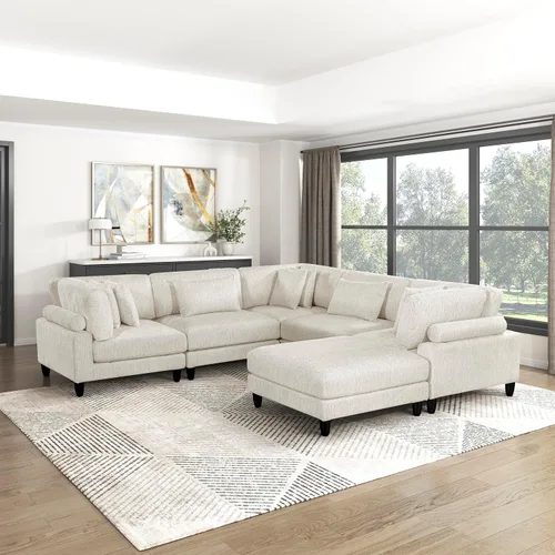 Vista 26 de Lexicon Sofá modular de 120 pulgadas, sofá modular de microfibra de gran tamaño de 4 plazas en forma de L, 6 almohadas decorativas y arreglo Beige