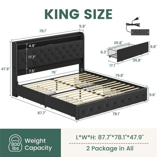 Vista 2 de LARMACE Base de cama tamaño King con 4 cajones de almacenamiento, base de cama tapizada de terciopelo, plataforma King con luces LED y estación