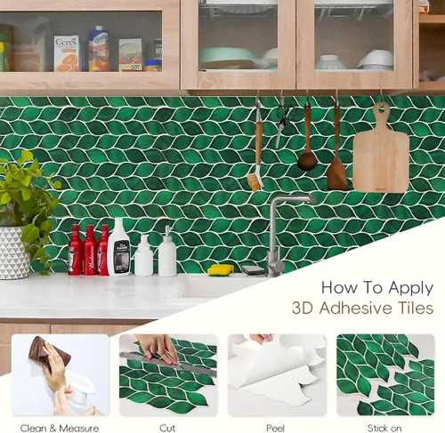 Vista 5 de HOMEART Azulejos de hojas verdes para salpicaduras, autoadhesivos, hechos a mano, para pegar en el protector contra salpicaduras para cocina y baño