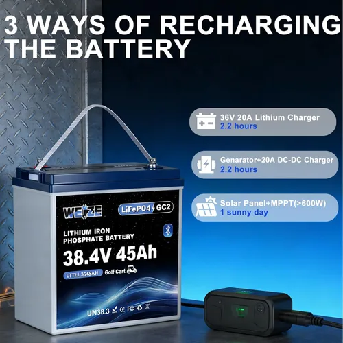 Vista 8 de WEIZE Batería LiFePO4 para carrito de golf Bluetooth 36V 45AH GC2, celdas de grado A, BMS de 100 A, batería de litio de ciclo profundo de protección