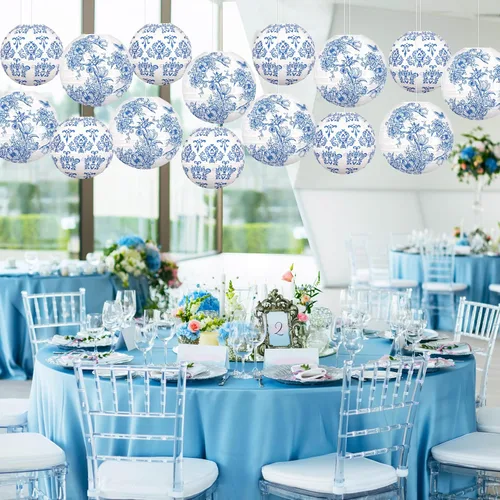 Vista 5 de 15 linternas de papel chinas, decoración de chinoiserie, farol de porcelana azul y blanco para colgar para mediados de otoño, festival, fiesta