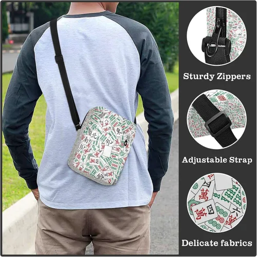 Vista 6 de Bolso tipo mensajero blanco con azulejos Mahjong para mujeres y hombres, bolso cruzado para el hombro, para teléfono celular, bolso lateral