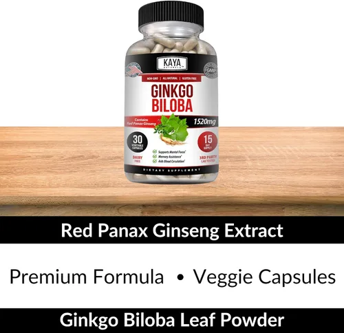Vista 5 de Kaya Naturals Red Panax Ginseng + Ginkgo Biloba - Suplemento cerebral nootrópico - Apoyo cognitivo y de concentración - Suplemento de refuerzo