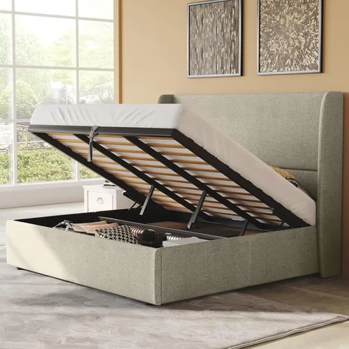 Vista 16 de PaPaJet Cama de Almacenamiento con Elevación Tamaño Queen, Marco de Cama Plataforma Tapizada con Almacenamiento Hidráulico/Cabecera Moderna Gris