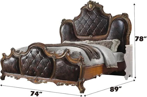 Vista 3 de BOWERY HILL Cama tradicional Queen con panel, tapicería de piel sintética y acabado de roble cereza, cabecera y estribo arqueados copetudos, 89