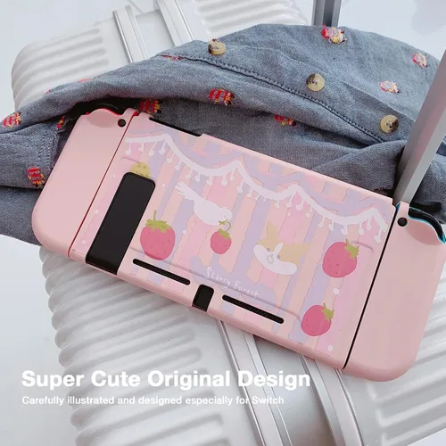 Vista 4 de Starry Forest Lindas fundas protectoras para Nintendo Switch con fundas joycon Stick, color rosa, funda femenina Kawaii para Switch, Strawberry
